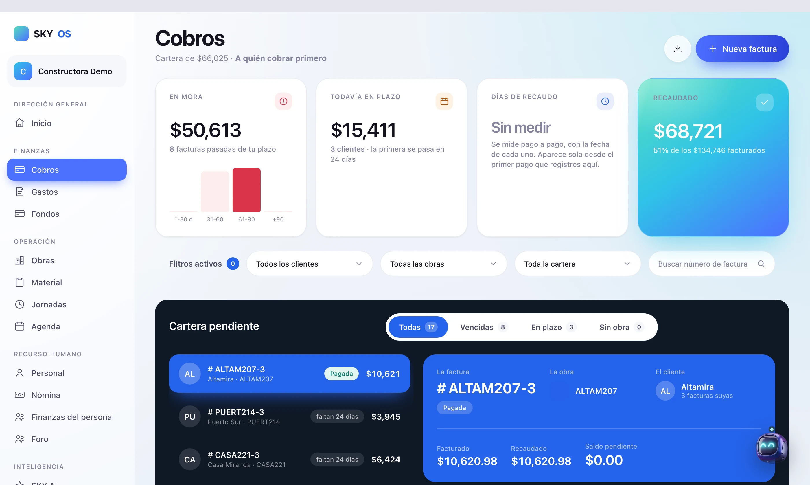 Pantalla de Cobros en SKY OS: Quién te debe, cuánto y desde cuándo.