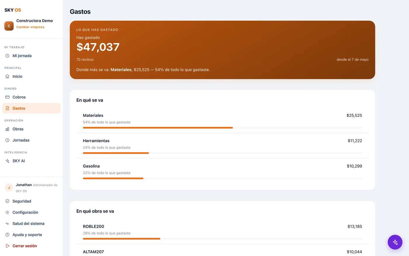 Pantalla de Gastos en SKY OS: En qué se va el dinero, por obra y por categoría.