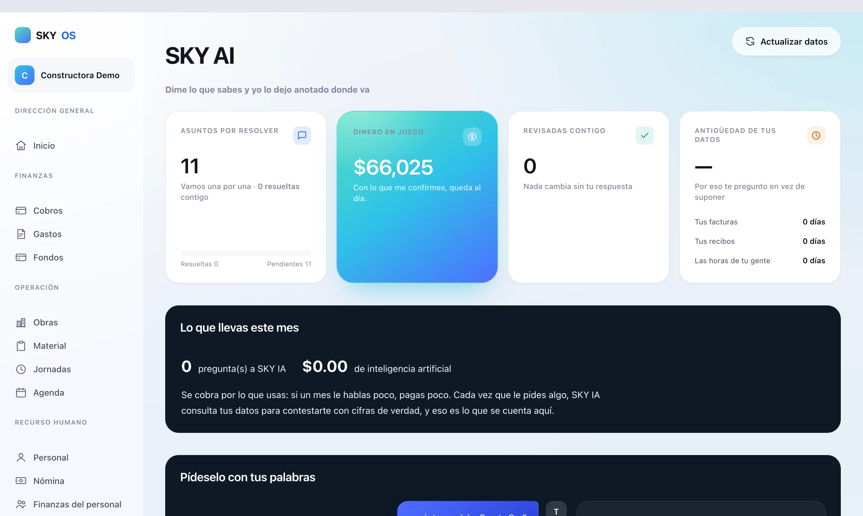 Pantalla de SKY AI en SKY OS: Te pregunta lo que falta y te dice cuánto dinero hay detrás.