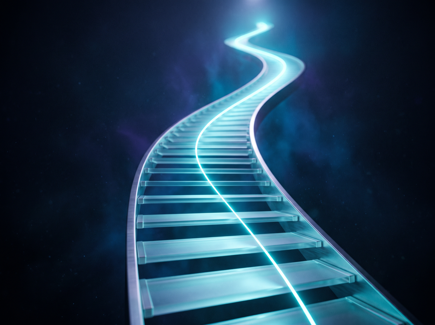 Escalera de peldaños de vidrio ascendiendo con un hilo de luz cian